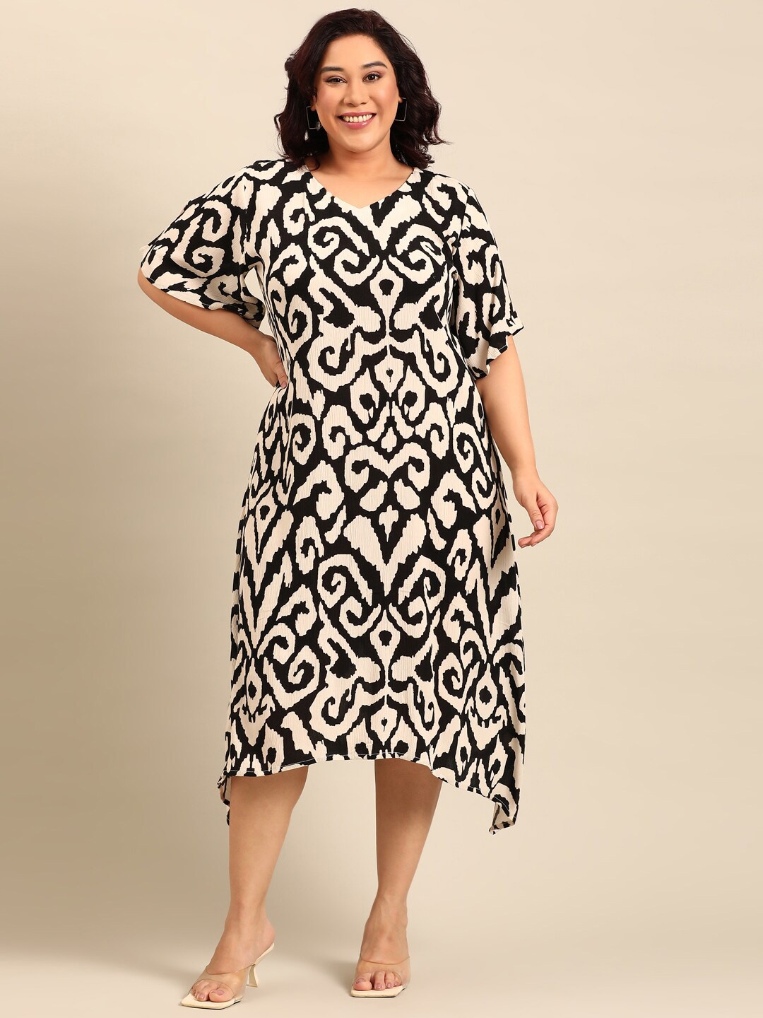 

The Pink Moon Abstract Printed Flared Sleeve Crepe Midi A-Line Dress, White