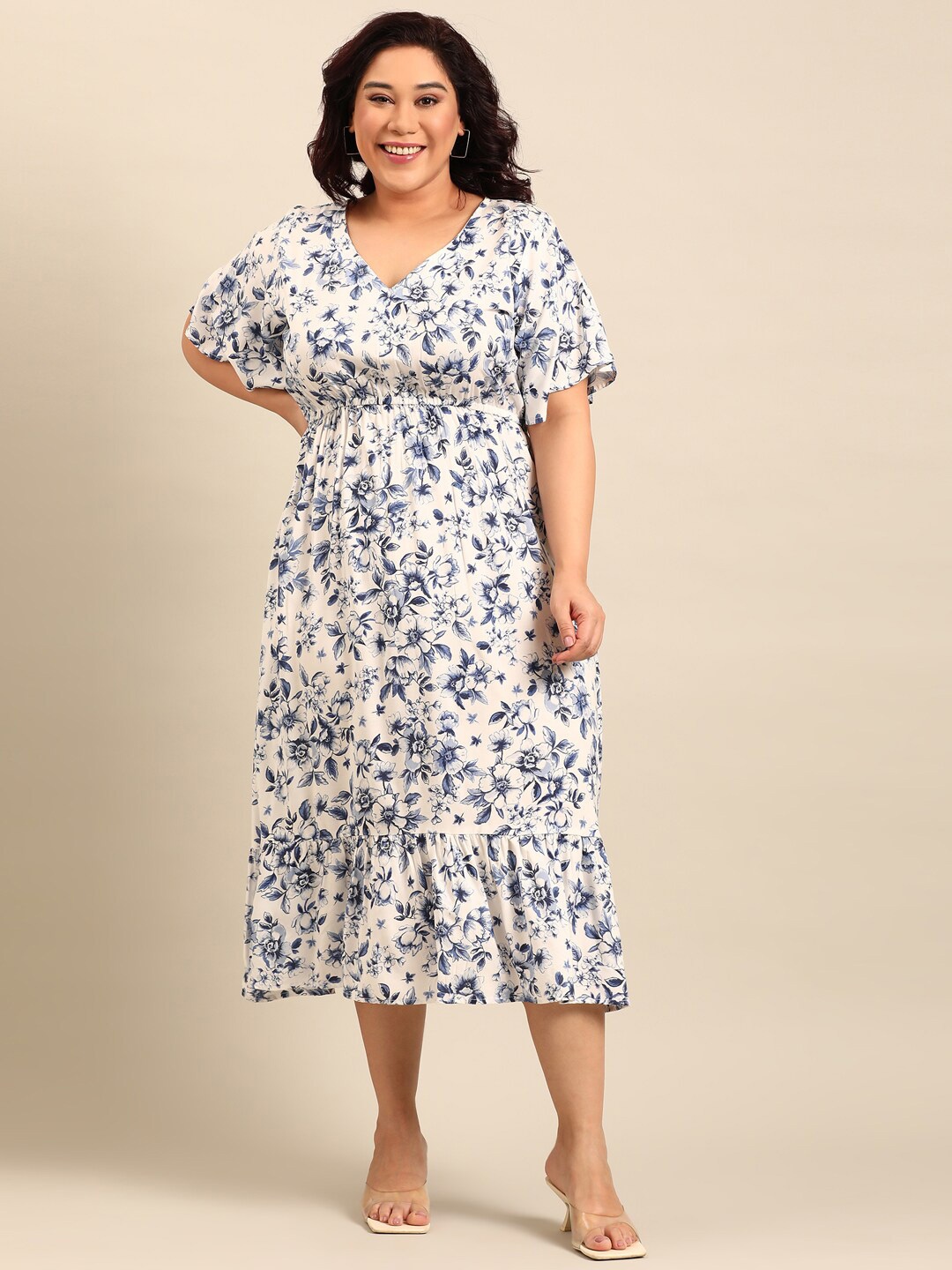 

The Pink Moon Floral Printed Flared Sleeves Midi Empire Dress, White