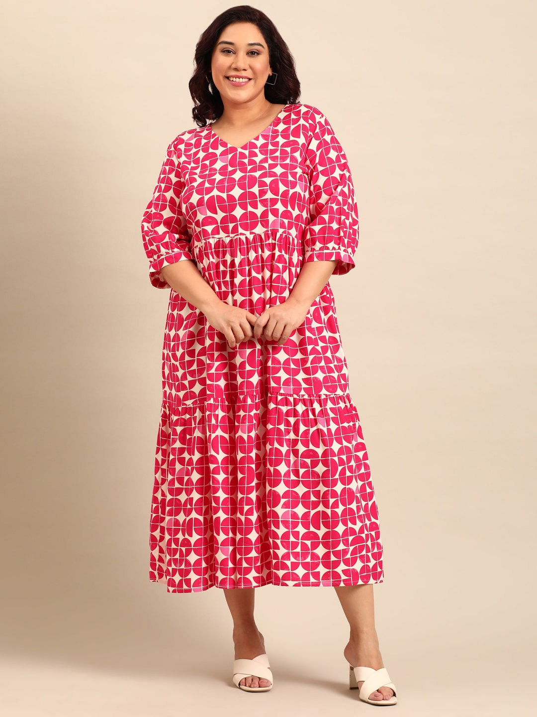 

The Pink Moon Geometric Printed Gathered Tiered Midi Empire Dress
