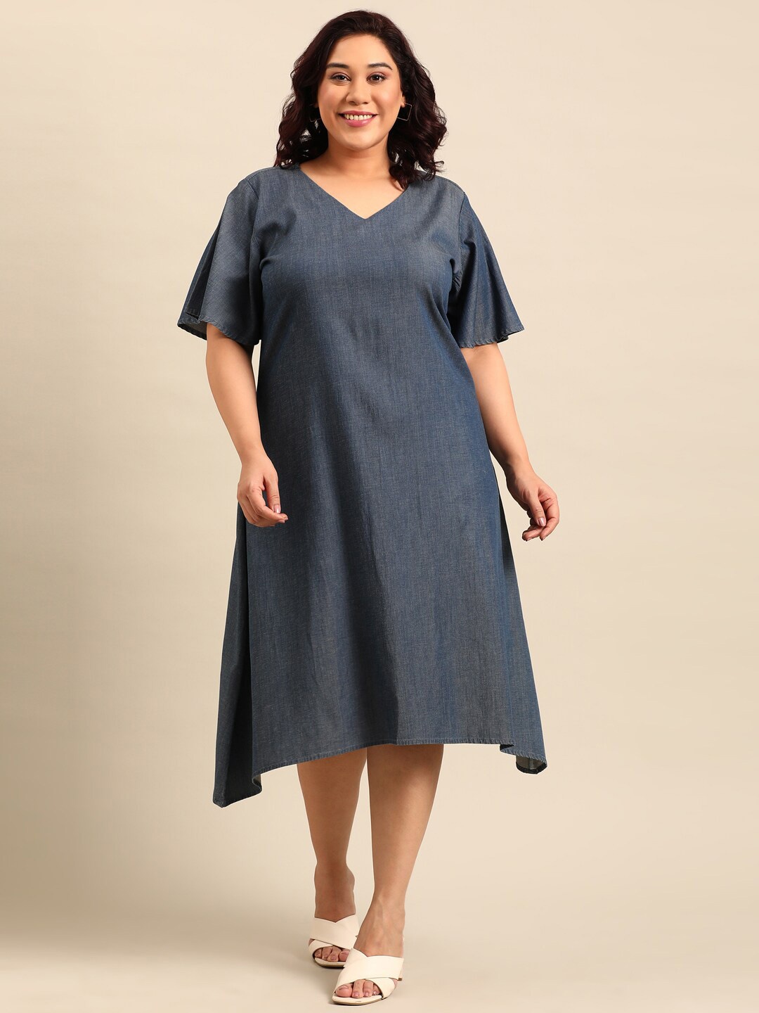 

The Pink Moon Flared Sleeve Denim Midi A-Line Dress, Blue