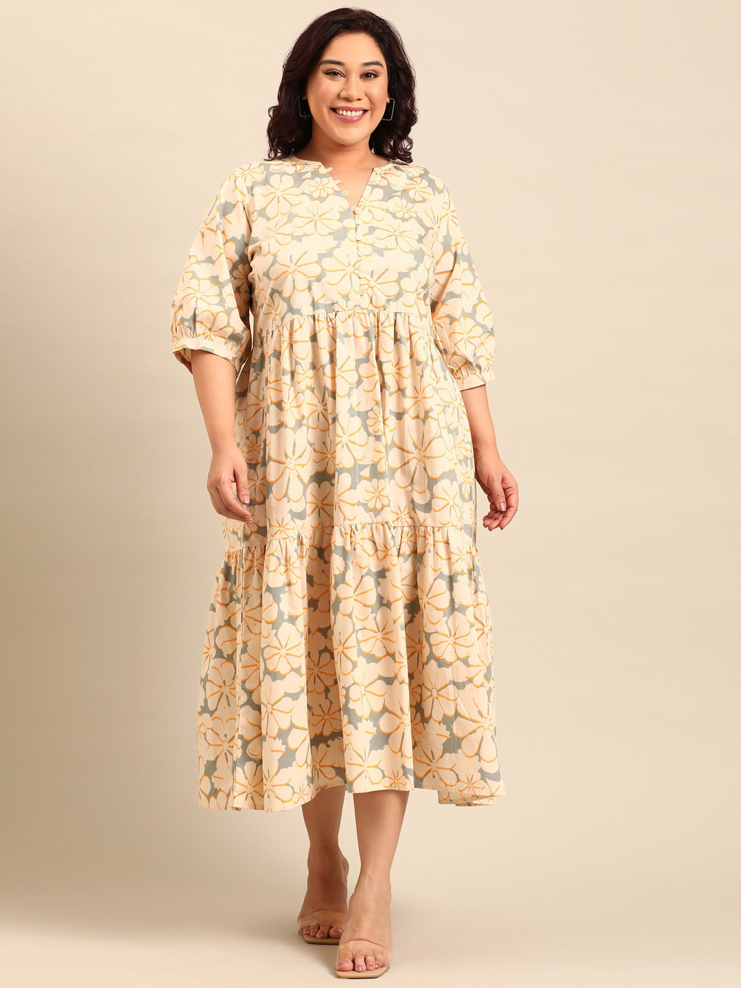 

The Pink Moon Floral Printed Gathered Tiered Cotton Midi Empire Dress, Beige