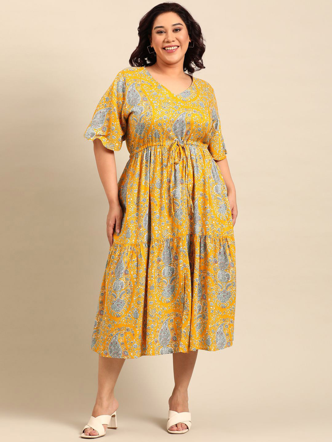 

The Pink Moon Ethnic Motifs Printed Tie-Ups Tiered Midi Empire Dress, Yellow