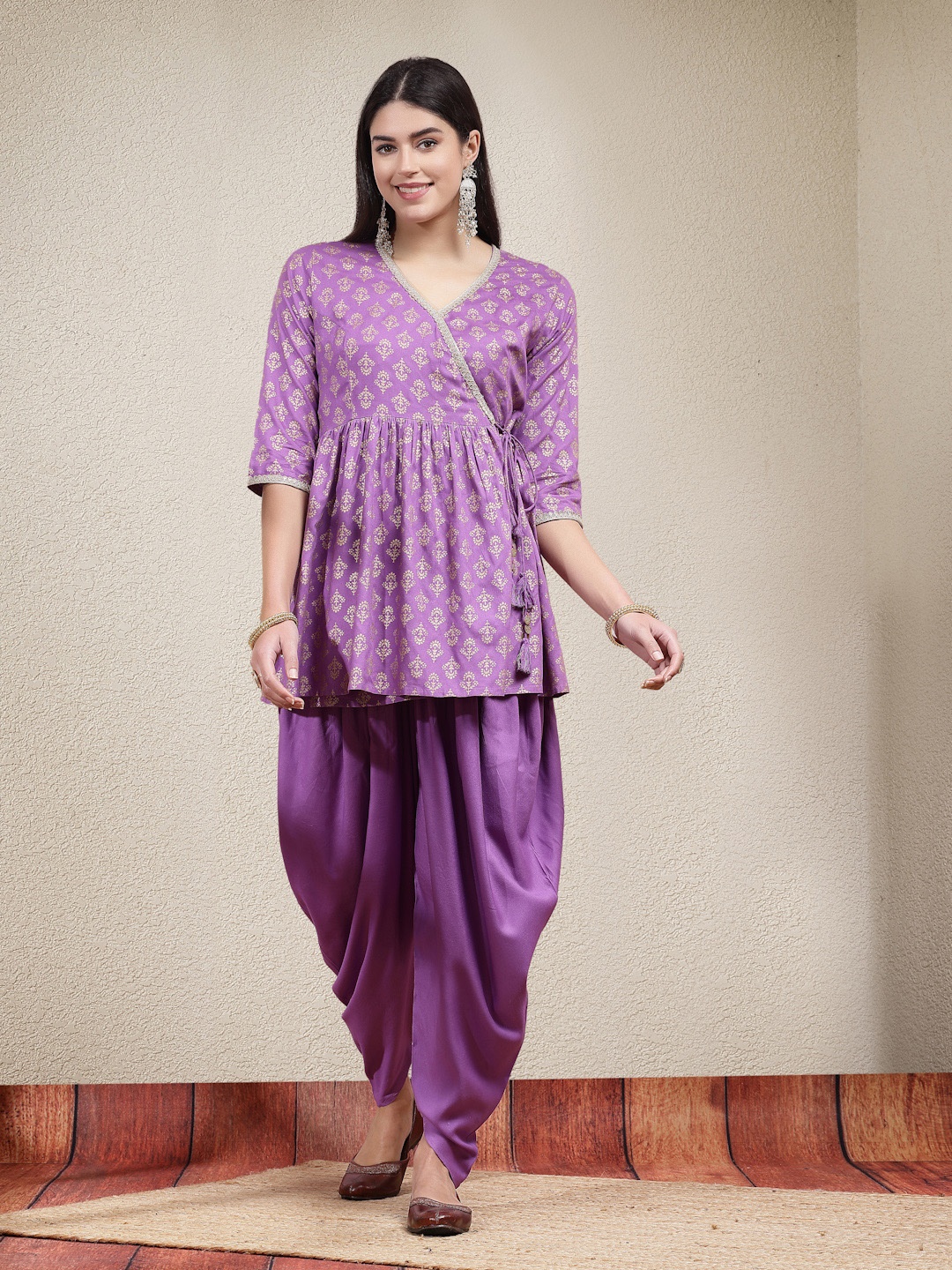

Stylum Purple Floral Printed Angrakha Kurti with Dhoti Pants