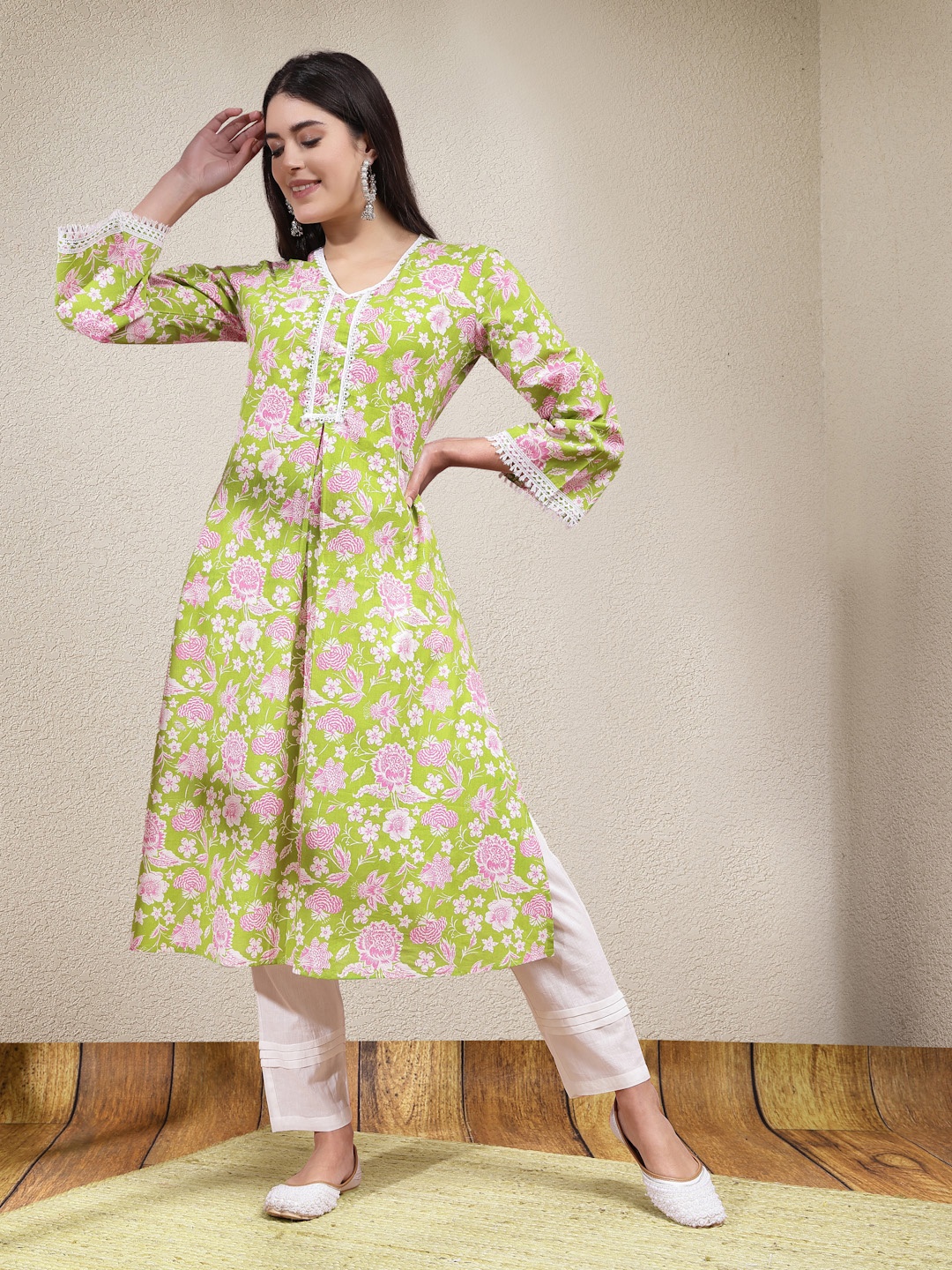 

Stylum Floral Printed Pleated Pure Cotton Kurta with Trouser, Green