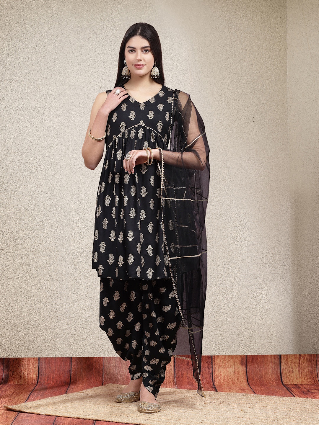 

Stylum Black Paisley Printed Pleated Gotta Patti Kurta with Dhoti Pants & Dupatta