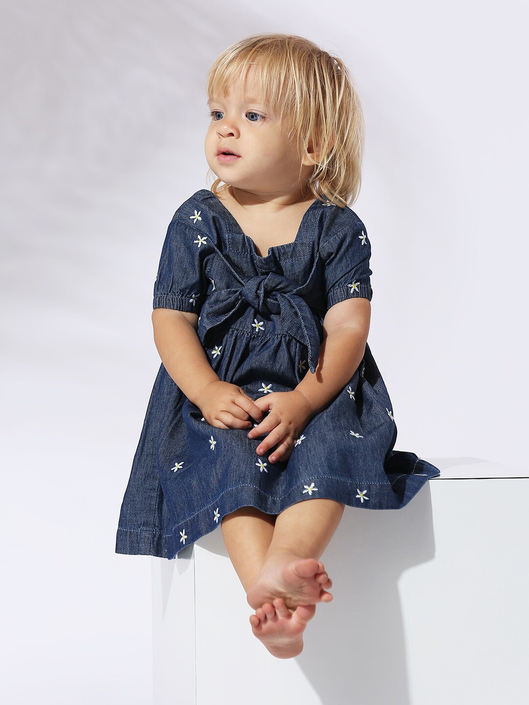 

My Milestones Girls Floral Embroidered Tie Knot Detail Denim Fit & Flare Dress, Blue