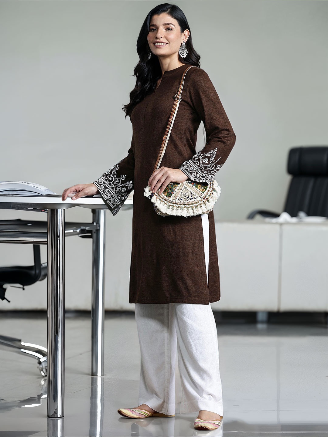

Sangria Flared Sleeves Floral Acrylic Kurta, Brown