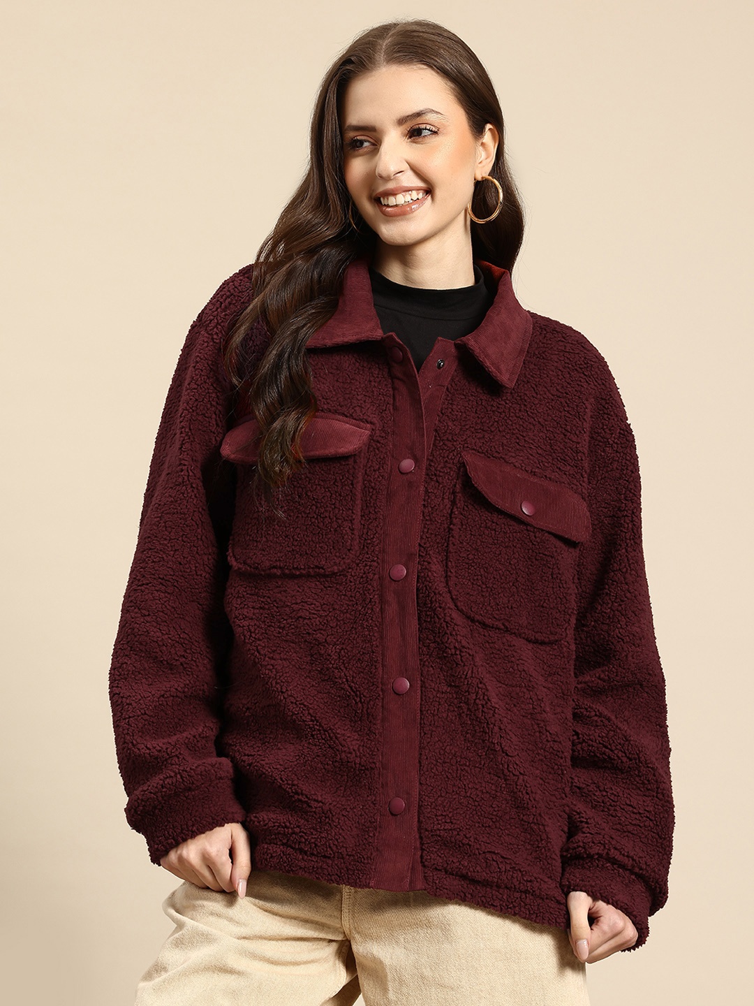 

Mast & Harbour Women Sherpa Tailored Jacket, Burgundy