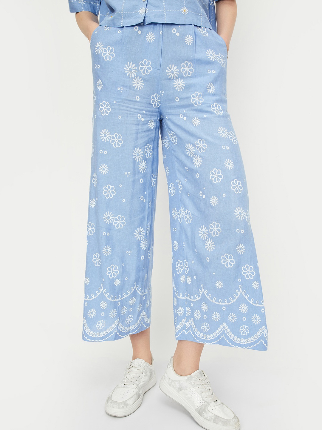 

max Women Floral Printed Cotton Trouser, Blue