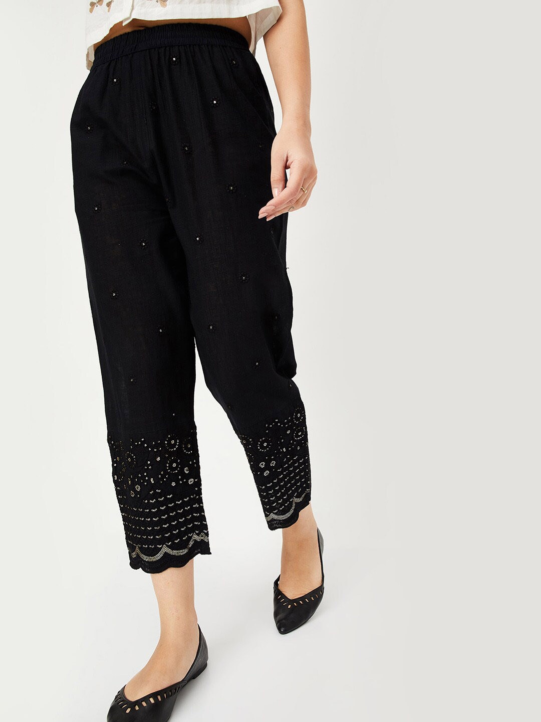 

max Women Floral Embroidered Cotton Trouser, Black