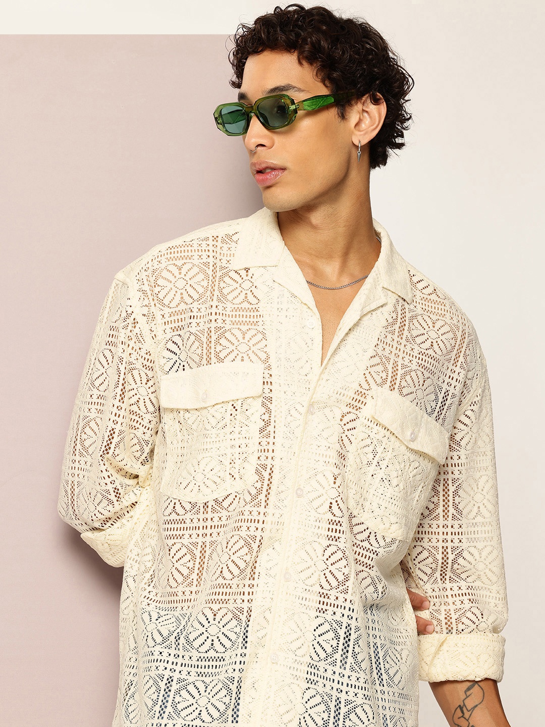 

Kook N Keech Floral Self Designed Semi Sheer Oversized Casual Shirt, Cream