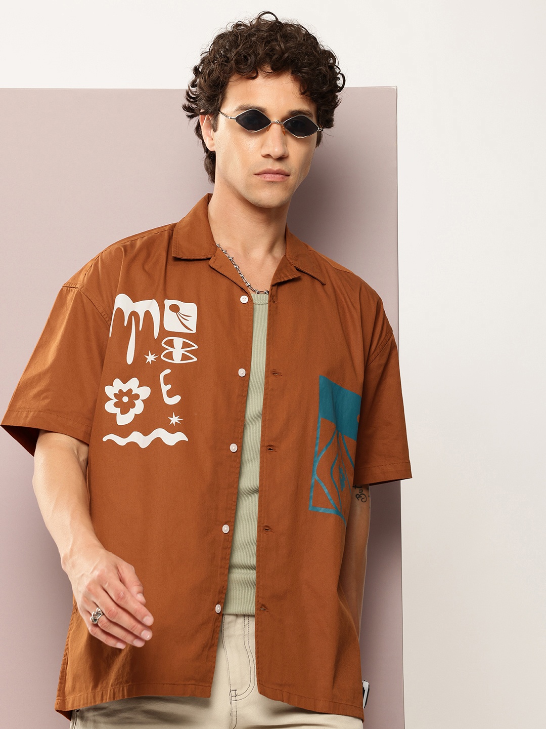 

Kook N Keech Graphic Printed Drop-Shoulder Sleeves Pure Cotton Relaxed Fit Casual Shirt, Rust