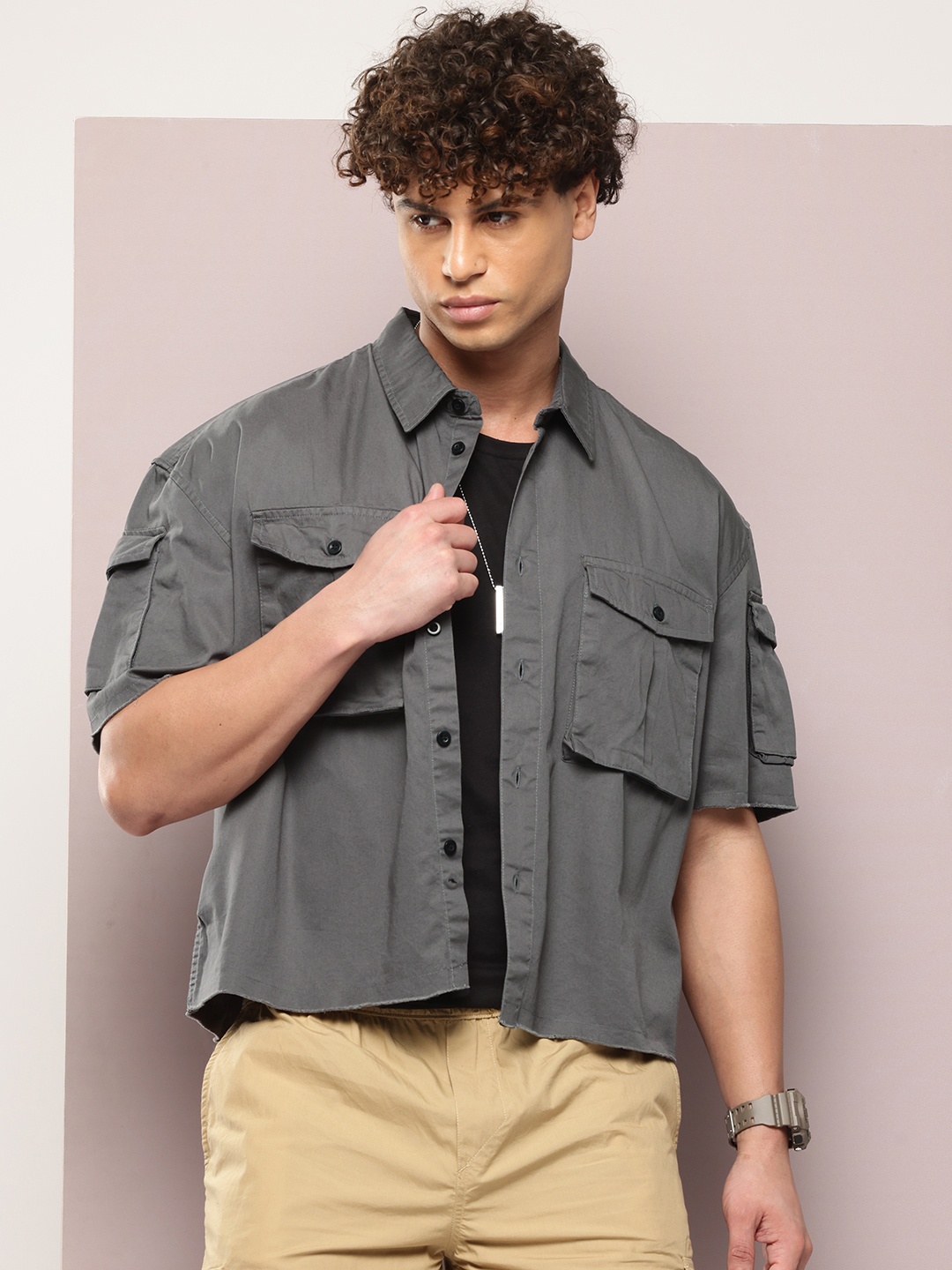 

Kook N Keech Pure Cotton Relaxed Fit Casual Shirt with Box Pockets, Grey