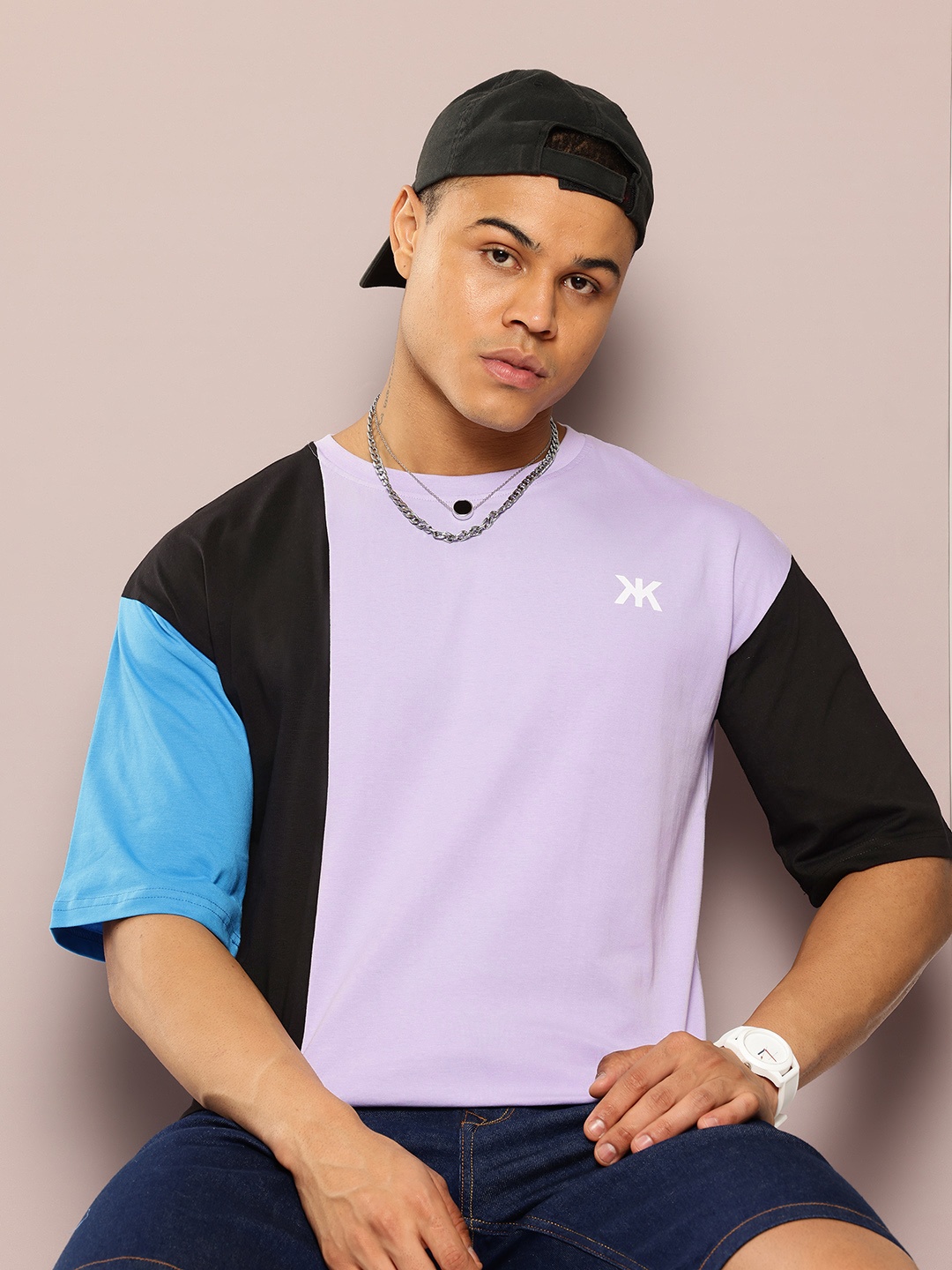 

Kook N Keech Men Colourblocked Drop-Shoulder Sleeves Pure Cotton T-shirt, Lavender