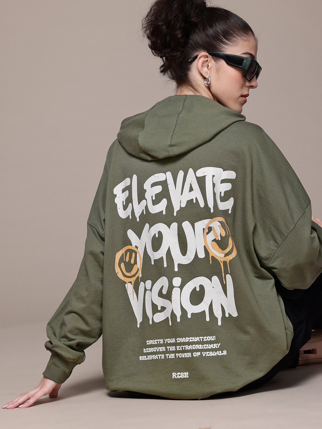 

The Roadster Lifestyle Co. Women Printed Hooded Oversized Sweatshirt, Olive