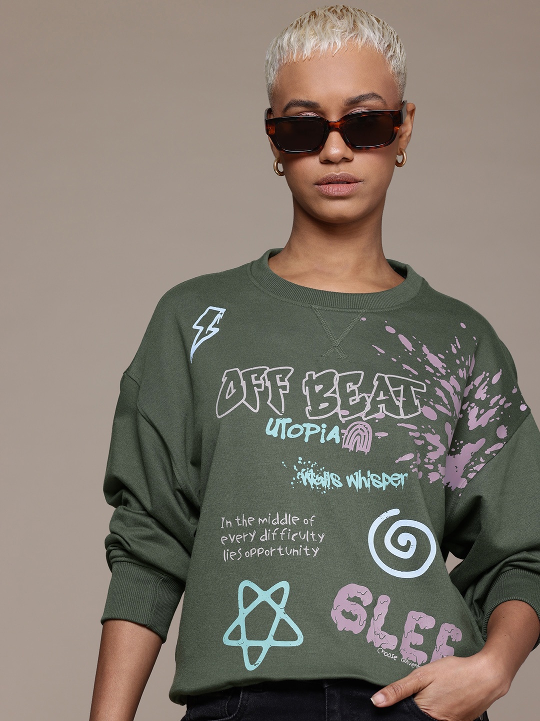 

The Roadster Lifestyle Co. Printed Raglan Sleeve Sweatshirt, Olive
