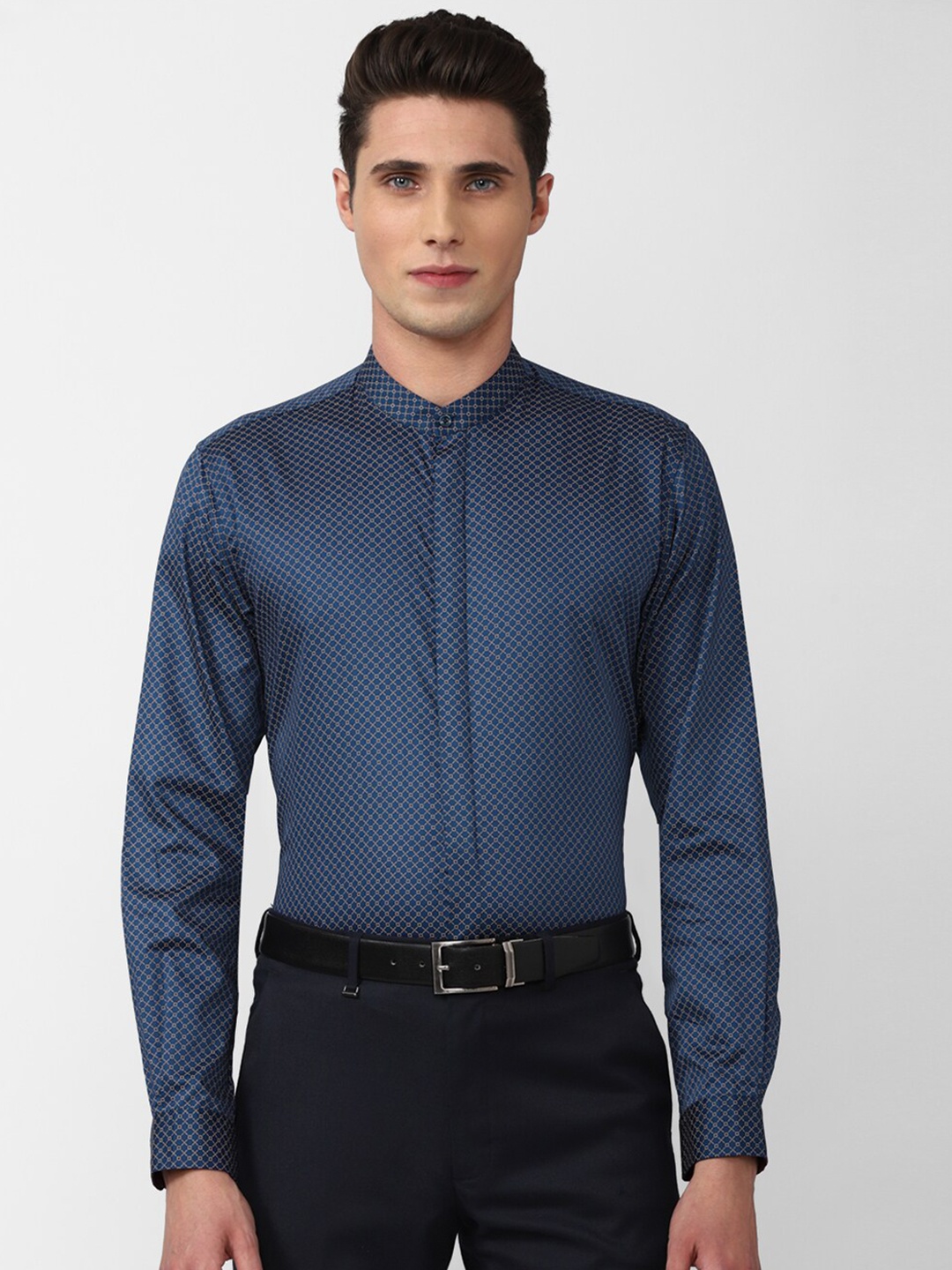 

Peter England Mandarin Collar Slim Fit Printed Opaque Formal Shirt, Blue