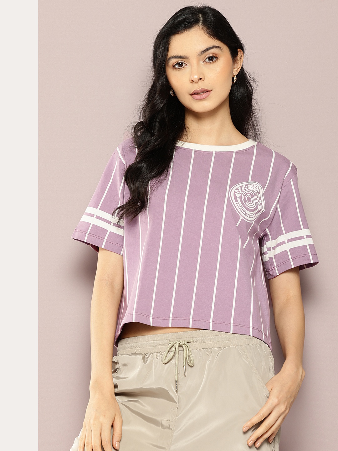 

Kook N Keech Disney Striped Drop-Shoulder Sleeves Pure Cotton Boxy T-shirt, Purple