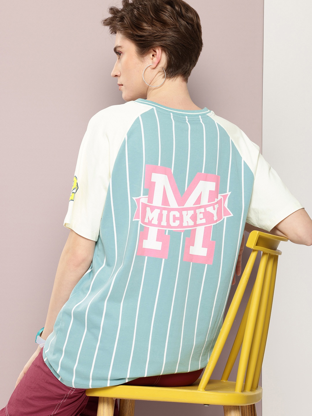

Kook N Keech Disney Mickey Mouse Printed Striped Oversized Pure Cotton T-shirt, Blue