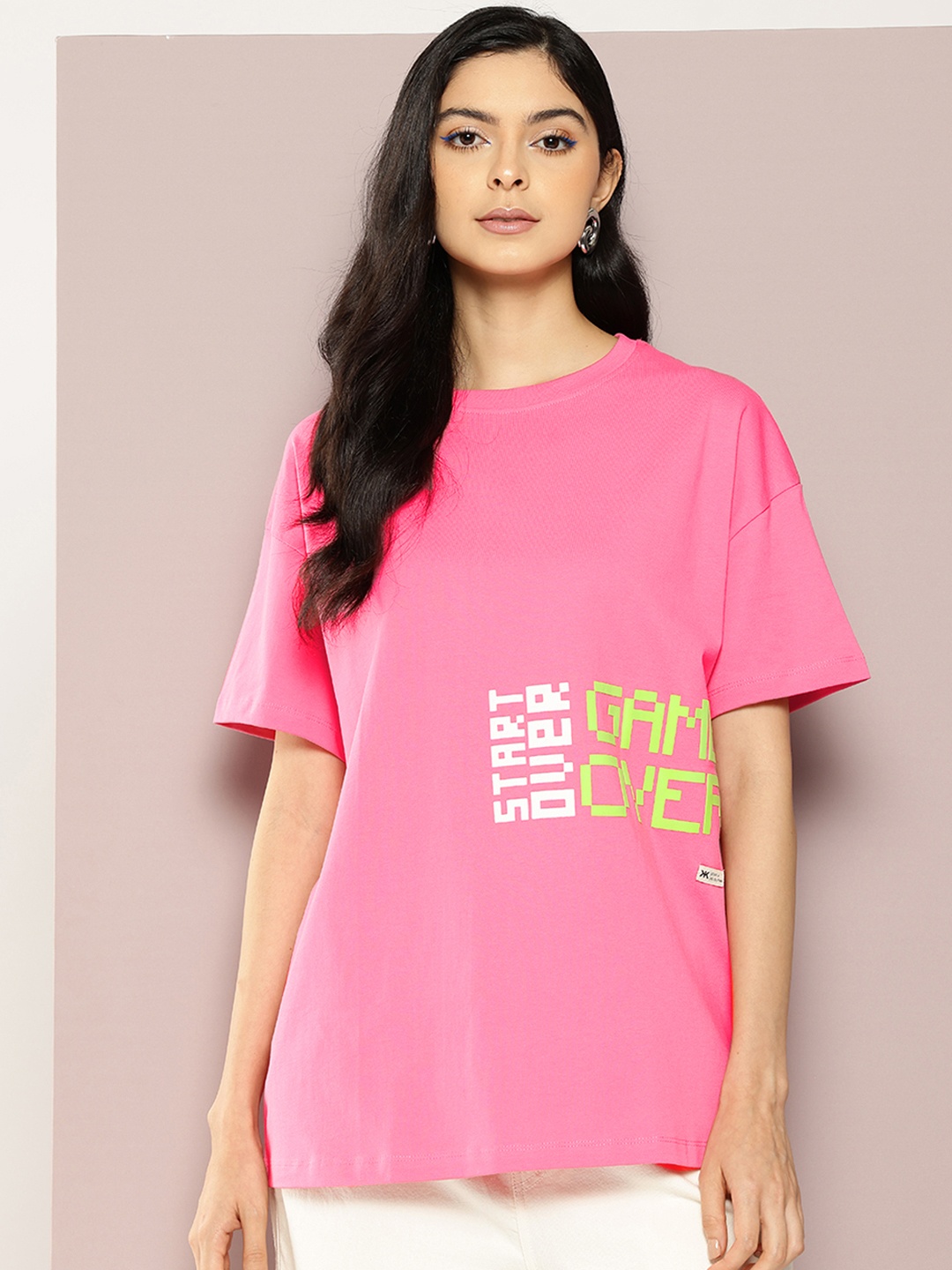 

Kook N Keech Typography Printed Drop-Shoulder Oversize Pure Cotton T-shirt, Pink