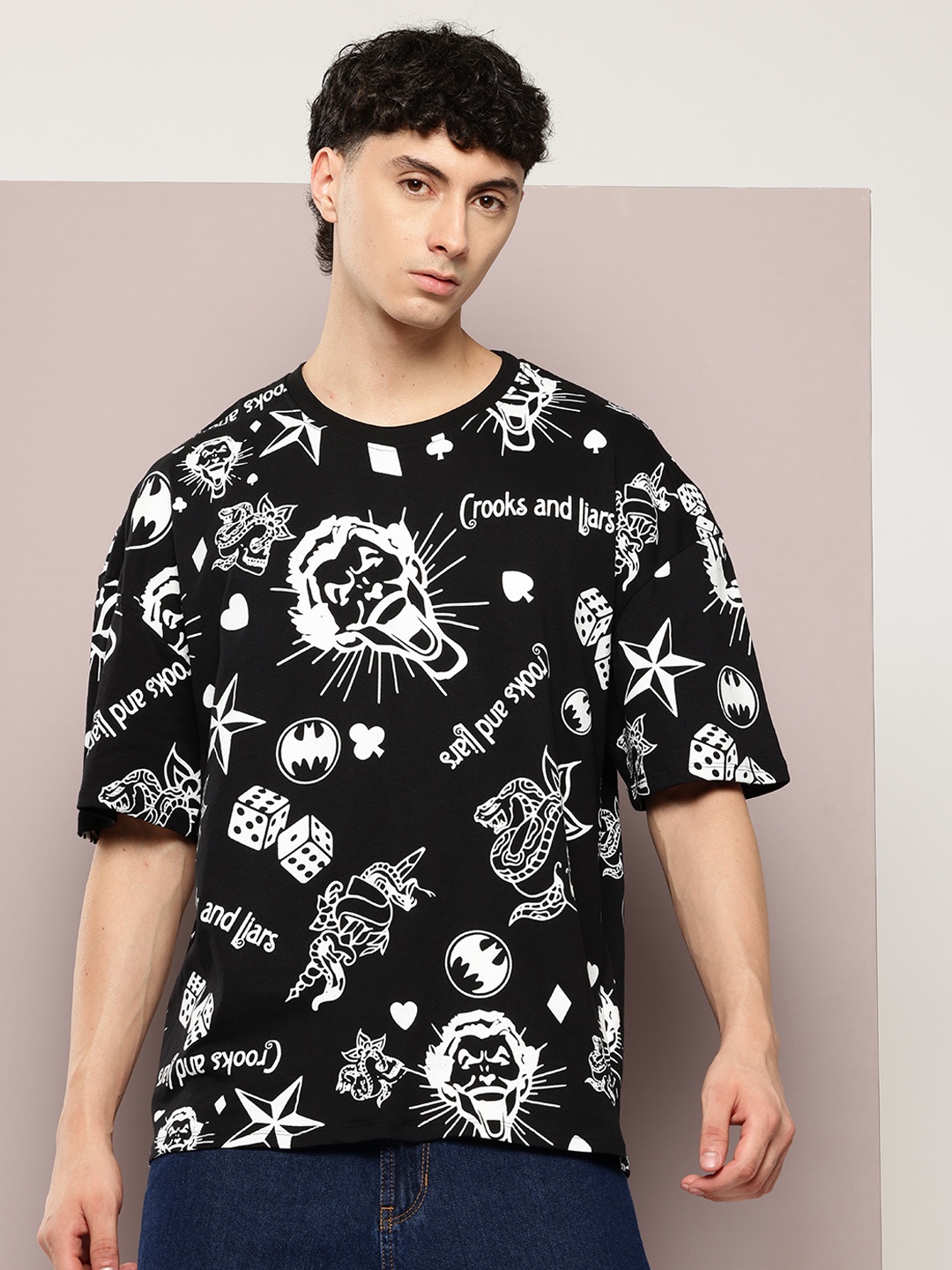 

Kook N Keech Disney Printed Drop-Shoulder Oversize Pure Cotton T-shirt, Black