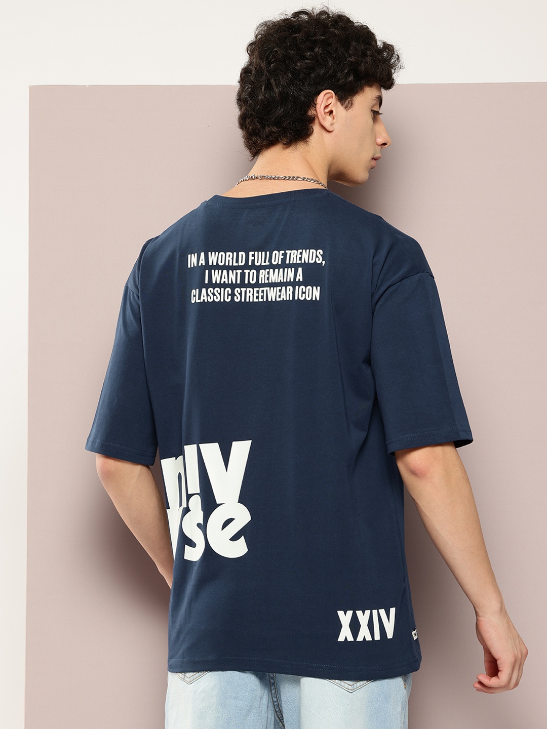 Kook N Keech Printed Drop-Shoulder Sleeves Pure Cotton Oversized T-shirt, Navy blue