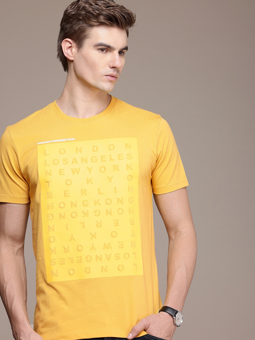 

French Connection Self Design Typography Pure Cotton T-shirt, Yellow