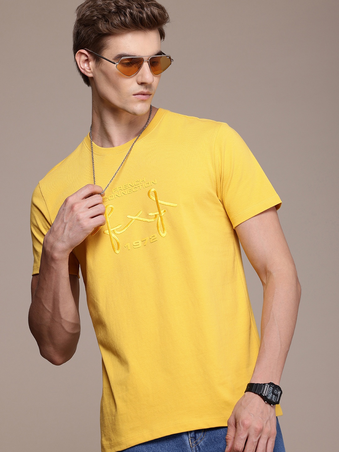 

French Connection Brand Logo Embroidered Pure Cotton T-shirt, Yellow
