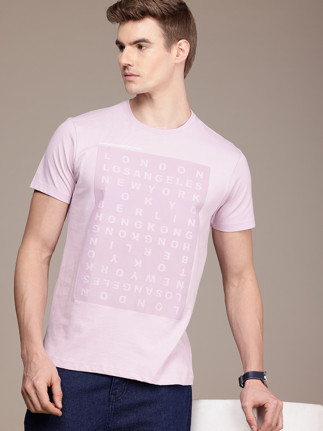 

French Connection Self-Design Typography Pure Cotton T-shirt, Lavender