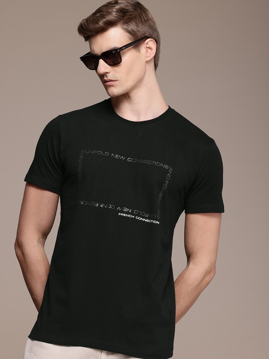 

French Connection Brand Logo Printed Pure Cotton T-shirt, Black
