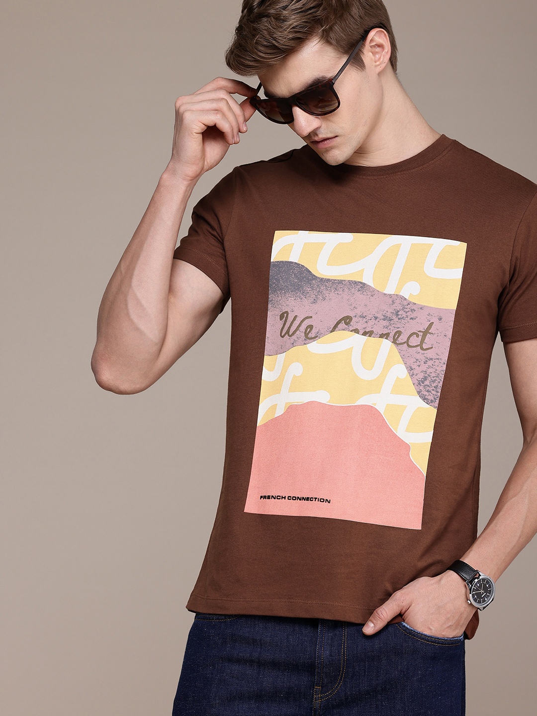 

French Connection Typography Printed Pure Cotton T-shirt, Brown