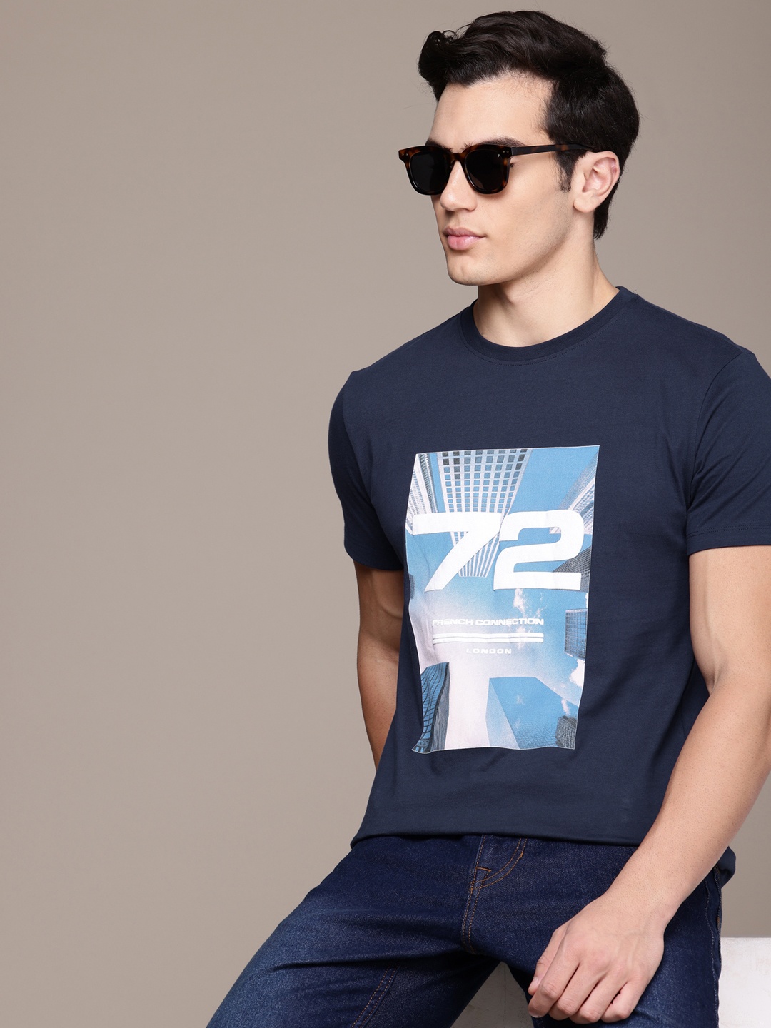 

French Connection Graphic Printed Pure Cotton Slim Fit T-shirt, Blue