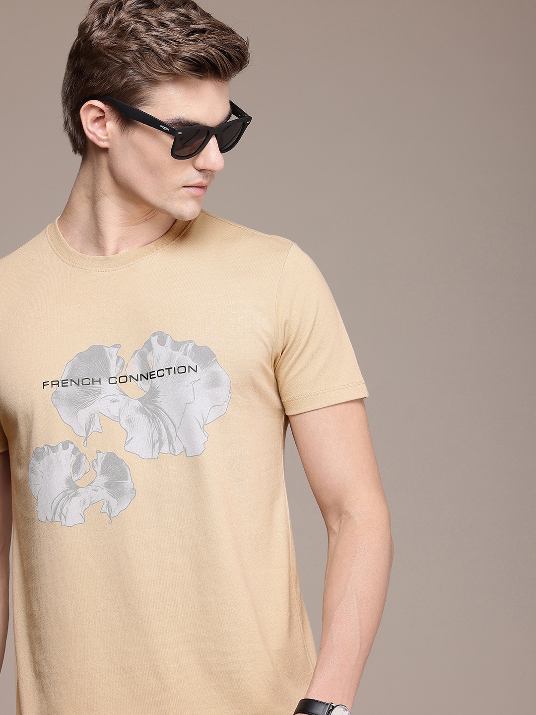 

French Connection Printed Pure Cotton T-shirt, Beige