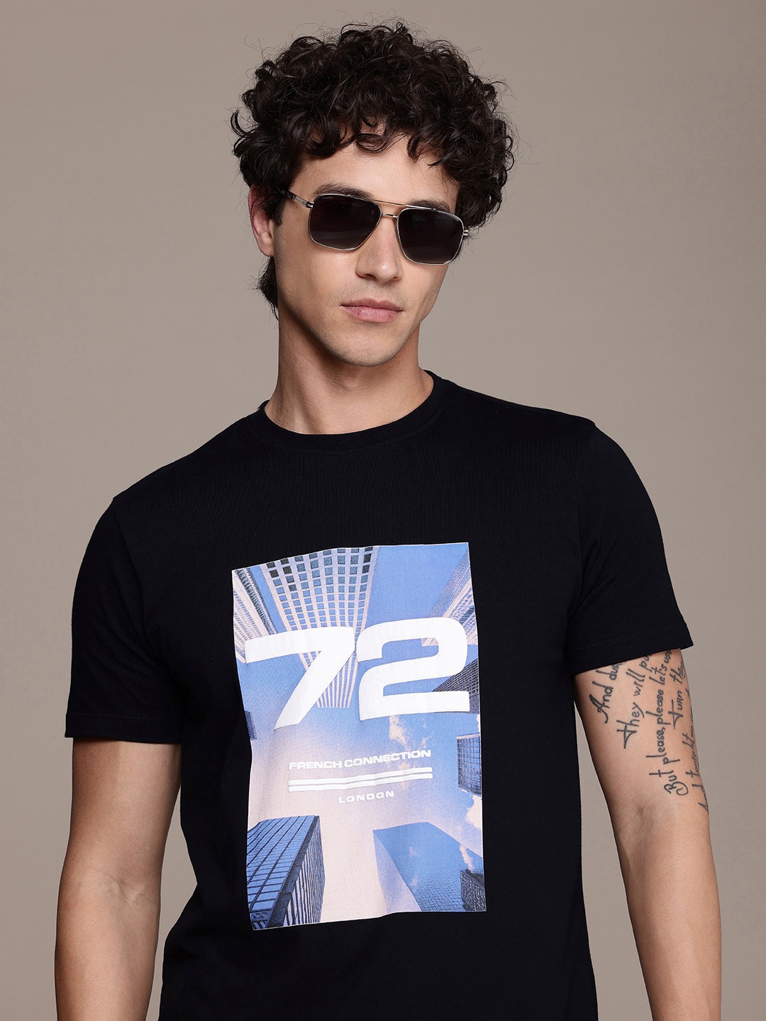 

French Connection Pure Cotton Graphic Printed T-shirt, Black