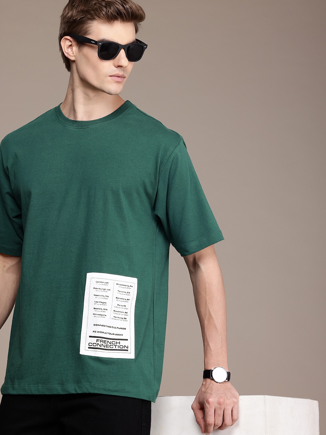 French Connection Drop-Shoulder Sleeves Relaxed Fit Pure Cotton Applique T-shirt, Green
