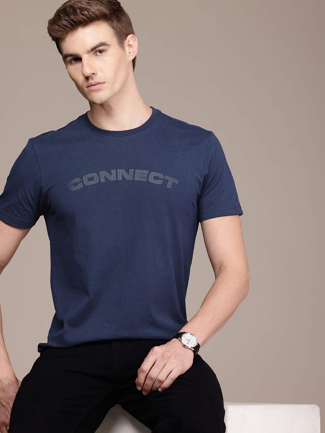 

French Connection Typography Printed Pure Cotton T-shirt, Navy blue