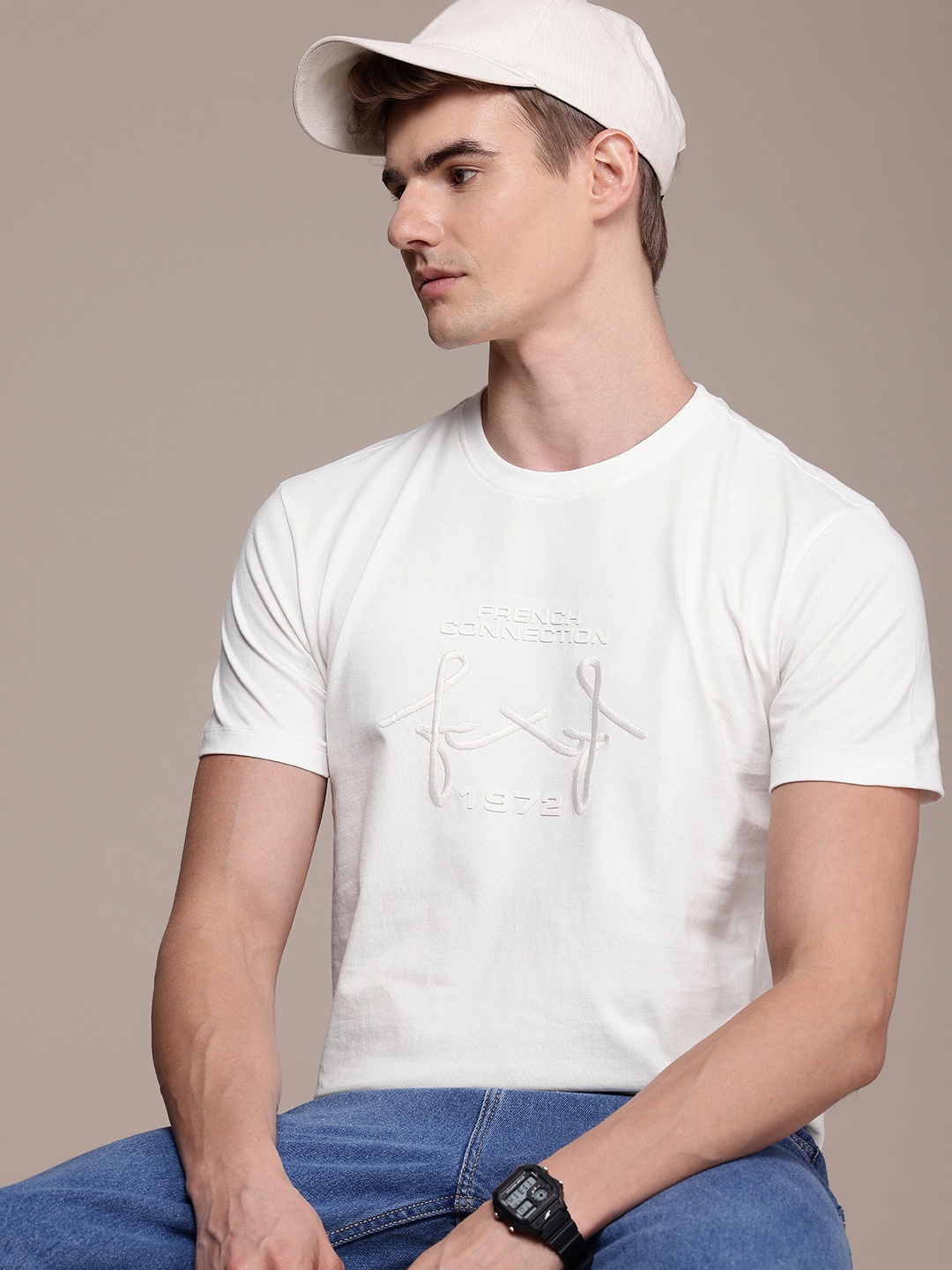 

French Connection Brand Logo Embroidered Pure Cotton T-shirt, White