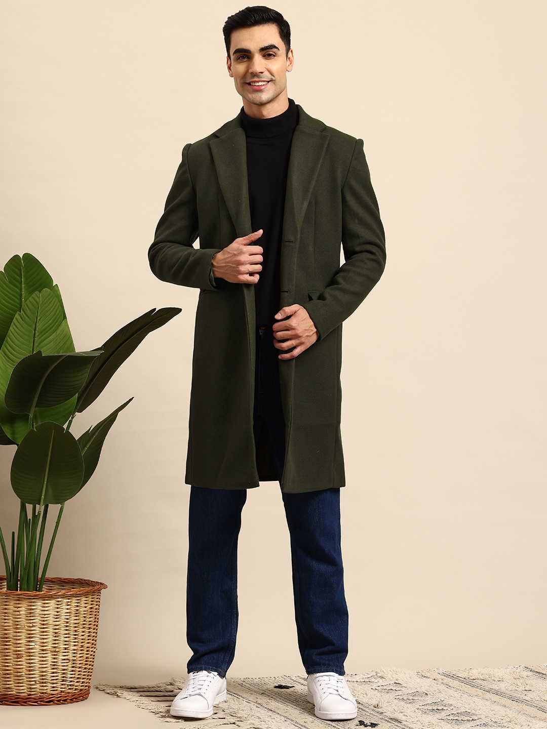 

Mast & Harbour Notched Lapel Collar Longline Overcoat, Green