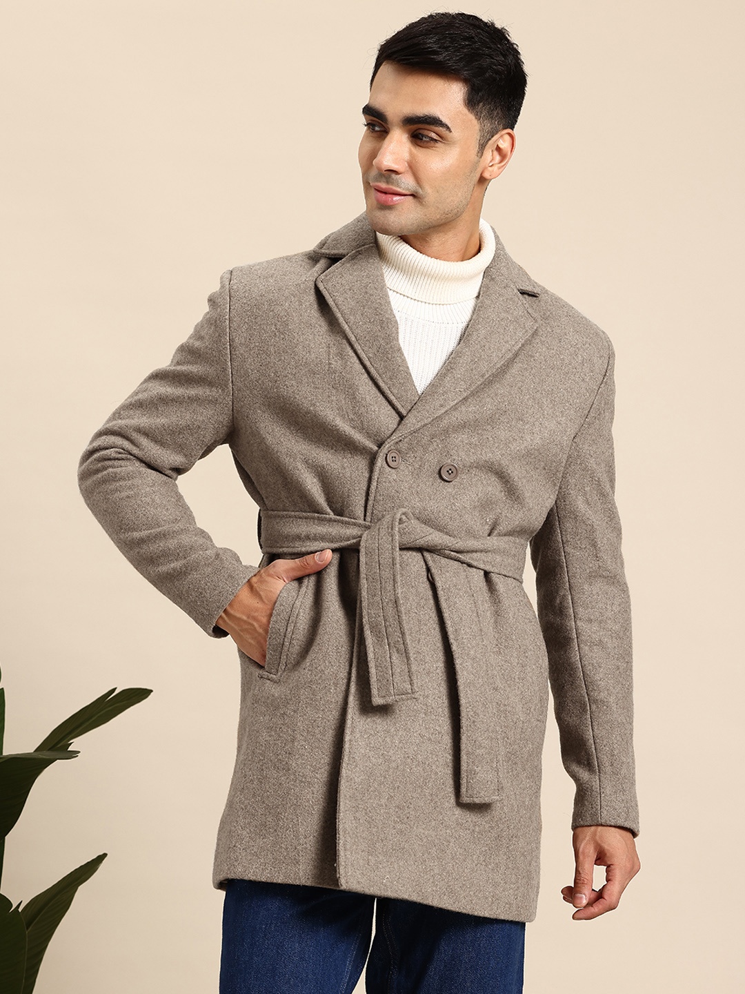 

Mast & Harbour Hip Length Overcoat with Tie-Up Belt, Taupe