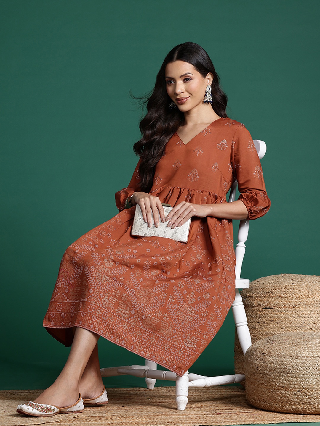 

Sangria Foil Printed Ethnic Empire Dress, Brown