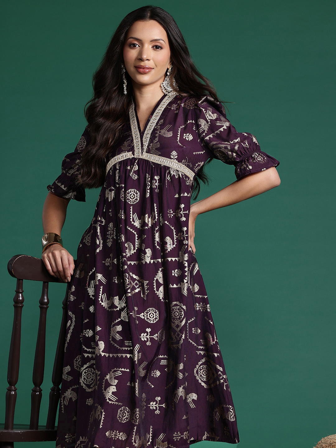 

Sangria Foil Printed Ethnic A-Line Dress, Purple