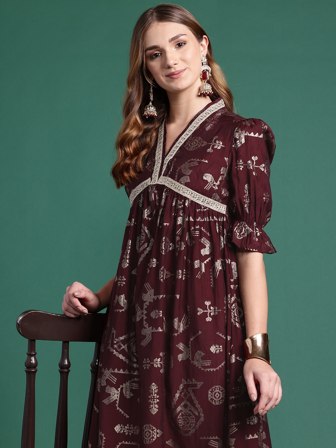 

Sangria Gotta Patti Foil Printed Ethnic Empire Dress, Burgundy