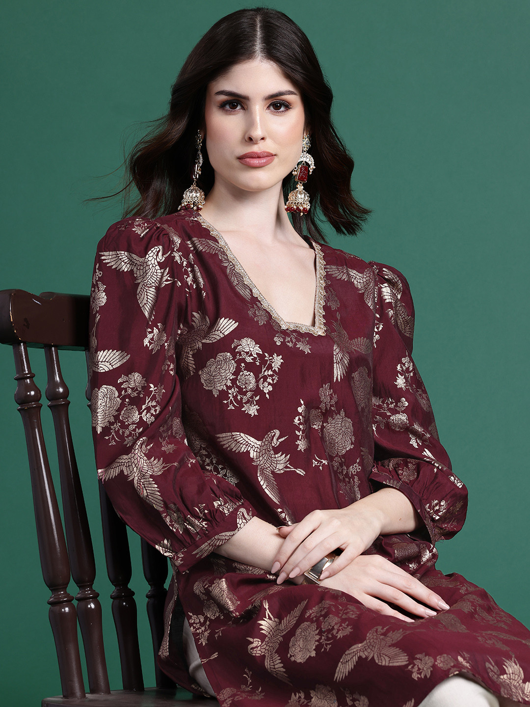 

Sangria Floral Printed Sequinned Floral Kurta, Brown