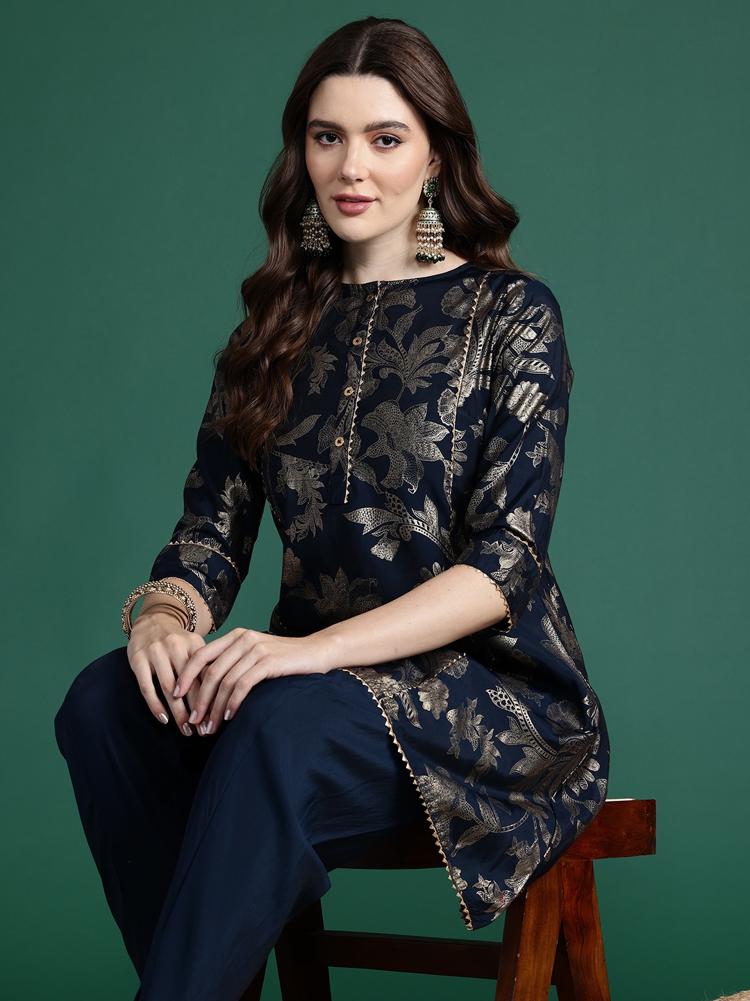 

Sangria Foil Printed High Slit Kurta with Trousers, Blue
