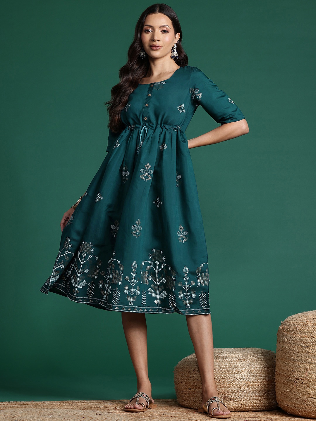 

Sangria Geometric Print Waist Tie-Up Empire Dress, Teal