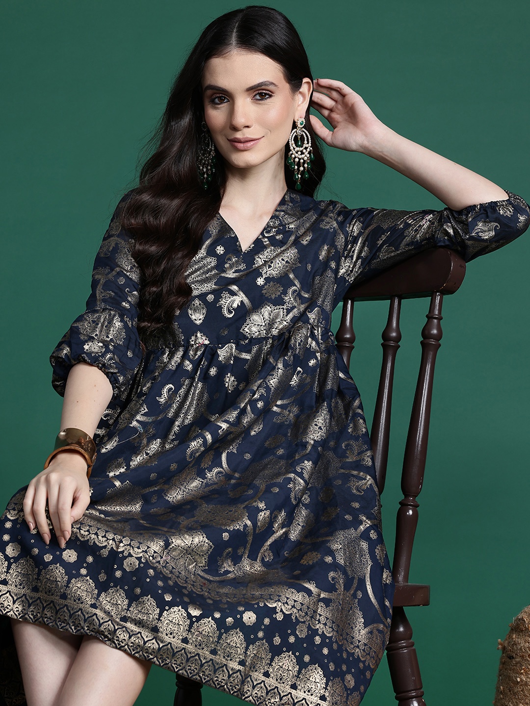 

Sangria Ethnic Motif Foil Print Empire Dress, Navy blue