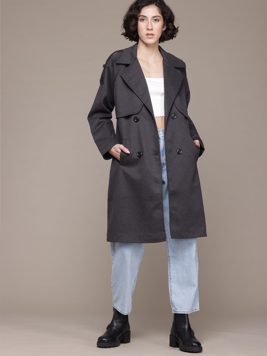 

The Roadster Lifestyle Co. Lapel Collar Textured Longline Overcoat, Charcoal