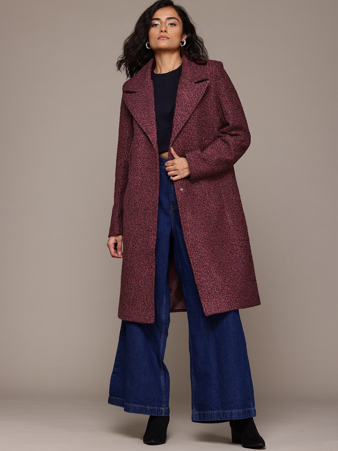 

Roadster The Lifestyle Co. Boucle Longline Overcoat with Belt, Maroon