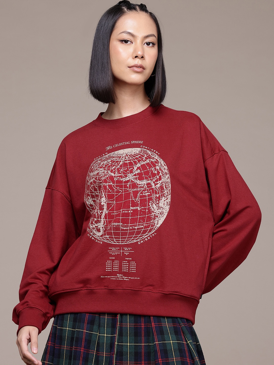 

The Roadster Lifestyle Co. Women Printed Relaxed Fit Sweatshirt, Maroon