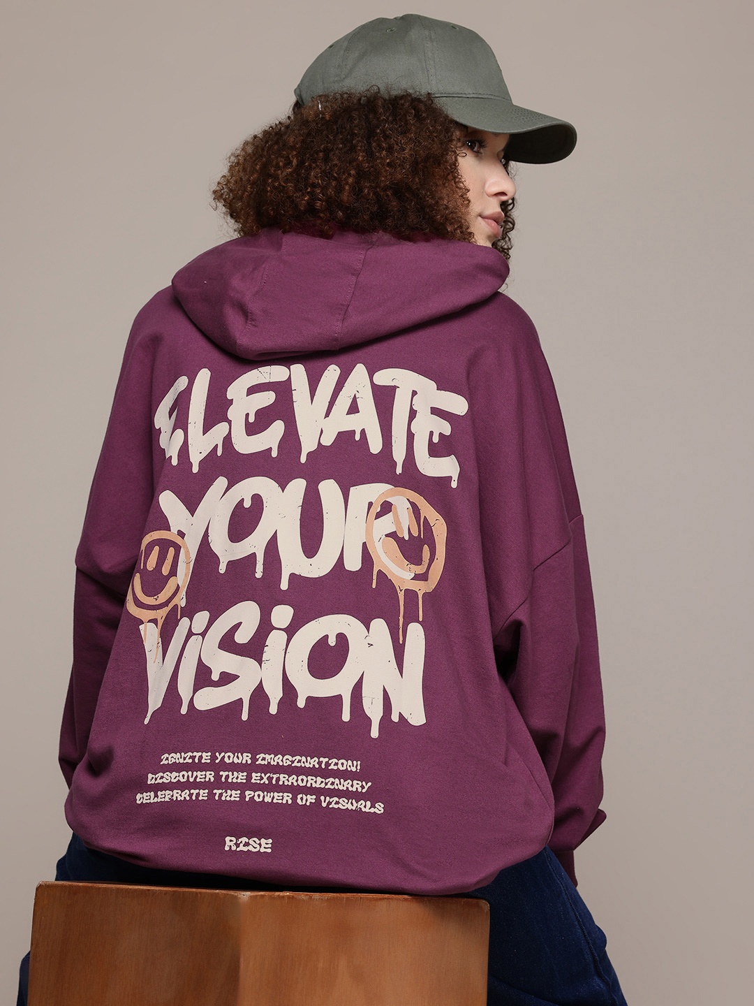 

The Roadster Lifestyle Co. Women Printed Hooded Oversized Sweatshirt, Burgundy